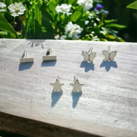 Silver Bohemian Mini Bar & Butterfly & Star Stud Earrings - Picture 3 of 12